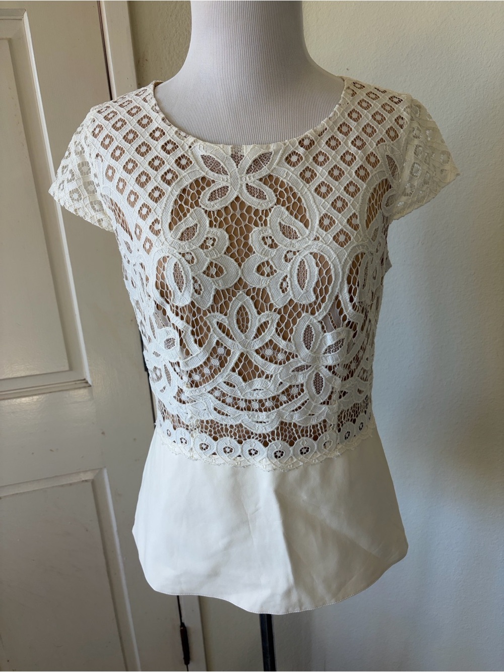 Bailey 44 leather and Lace Overlay Peplum Top - White